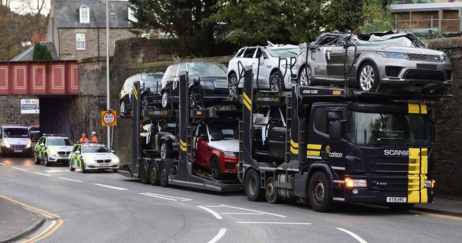 Crushed Range Rovers in the UK during transport.